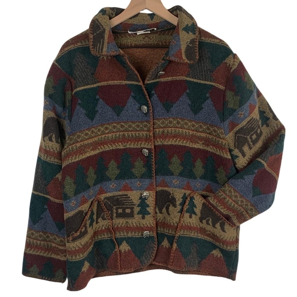 VTG RHONDA STARK Southwestern Wool Blend Blanket Jacket Sz M Bear Buttons
